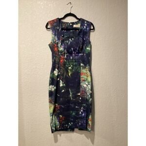 Lela Rose painterly abstract Printed sleeveless fitted sheath cotton Dress 4